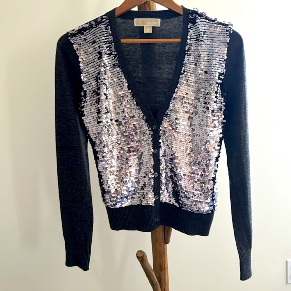 MICHAEL Michael Kors Silver Sequin Black Cardigan Sweater Glam Size XS